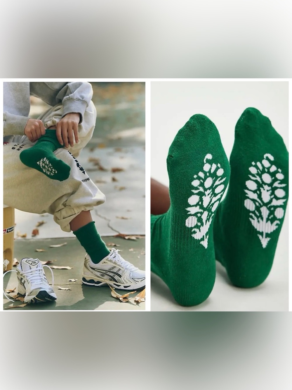 Green Socks with White Floral Motif